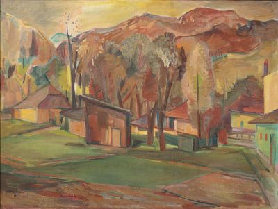 peinture représentant un paysage avec des maisons et des arbres au premier plan