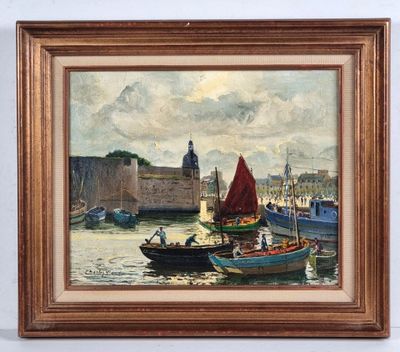 a painting of a harbor scene with boats in the water