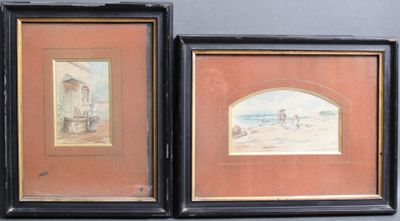 two framed pictures of a beach scene with a man and a woman