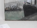 a painting of a ship in the water with a lot of smoke coming out of it