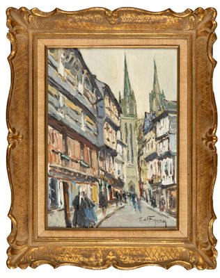 an image of a painting of a city street with a church in the background