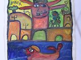 painting of a bull and a bird in a city with a building in the background