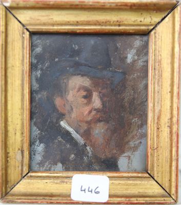 un vieux tableau représentant un homme coiffé d'un chapeau, dans un cadre doré