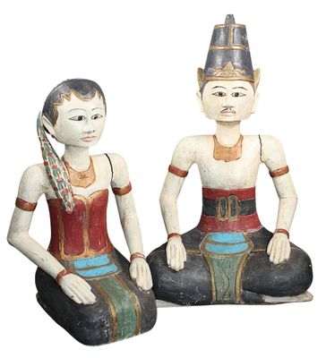 INDONESIE - Paire de SUJET en bois sculpté polychrome figura…