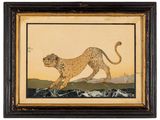 une peinture représentant un guépard courant à travers un champ