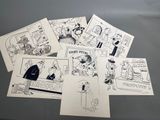several cartoon drawings of people in a kitchen with a dog