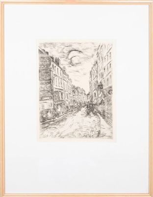 un dessin en noir et blanc représentant une rue de la ville avec des immeubles