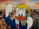 painting of donald duck in front of a cityscape at sunset