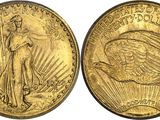 a gold coin with the image of a saint gaudet on it