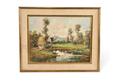 une peinture à l'huile représentant un paysage avec un ruisseau et des arbres