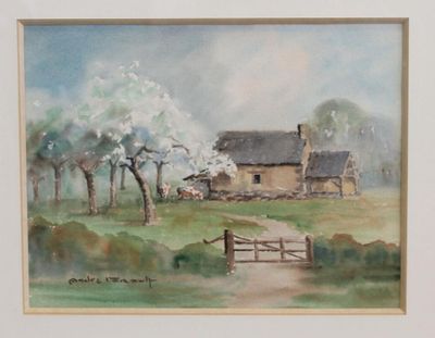 a watercolor painting of a farm scene with a gate