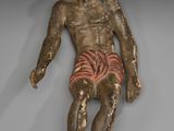 une photo représentant la statue d'un homme allongé par terre