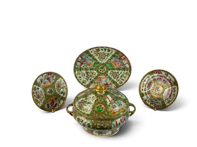 an image of a group of green and white dishes and bowls
