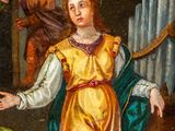 an image of a painting of a woman kneeling down with other people