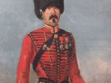 painting of a man in a red uniform with a horse in the background