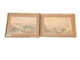 two framed paintings of a landscape with a river and a town