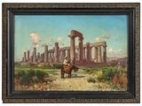 un tableau représentant un homme à cheval devant un temple