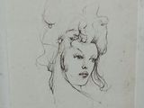 drawing of a woman ' s face in a black and white frame