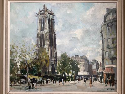 a painting of a large building with a clock tower in the background