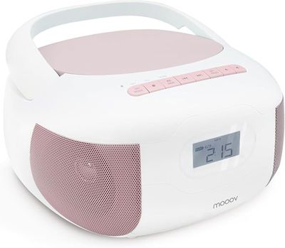 an image of a pink and white clock radio sitting on top of a white table