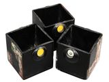 three black boxes with yellow lights in them on a white background