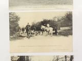 two old black and white photos of horses and people in a field