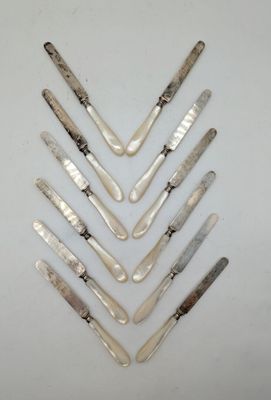 six silver spoons and a knife on a white surface