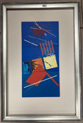 tableau encadré représentant une chaise rouge sur fond bleu
