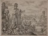 an old drawing of a man riding on a horse next to a castle