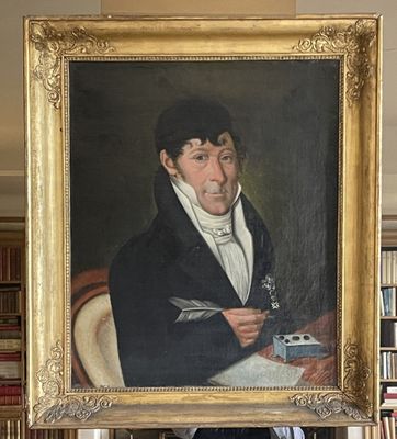 a painting of a man sitting in a chair holding a pen and paper