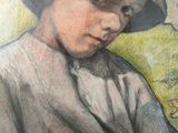 painting of a woman in a hat with a bird on her shoulder