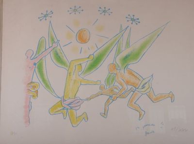 dessin représentant un groupe de personnes jouant au tennis