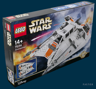 une boîte contenant des sets Lego Star Wars sur fond bleu