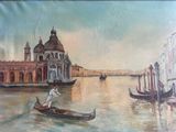 a painting of a gondola going down the river