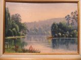 a painting of a lake with a boat in it