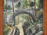 an oil painting of a bridge over a stream in a wooded area