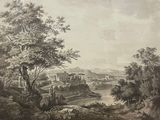 peinture d'un paysage avec une rivière et un château au loin