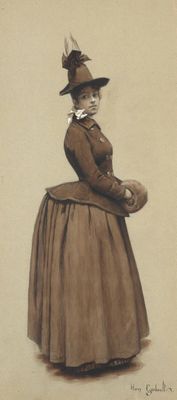 painting of a woman in a brown dress and hat with a hat on her head