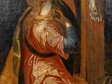 an image of a painting of jesus on the cross with a woman kneeling next to him