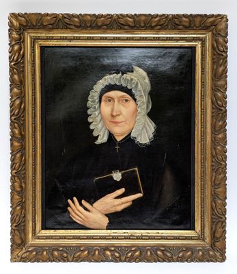 portrait of a woman in a black dress with a white bonnet holding a book