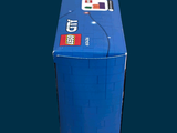 a blue box with a red and white logo on it