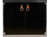a close up of a black cabinet with two leather handles