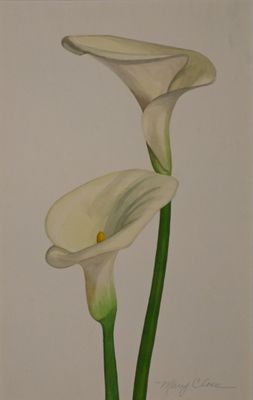 painting of two white flowers with green stems in a vase