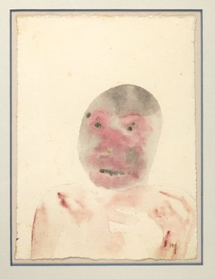 une image représentant un tableau représentant le visage d'un homme, dans un cadre blanc