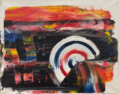 peinture abstraite représentant une voiture rouge, blanche et bleue ornée d'une bande rouge, blanche et bleue