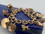 a close up of a gold bracelet with charms on it