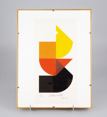 une reproduction encadrée représentant un motif géométrique dans les tons de jaune, d'orange et de noir
