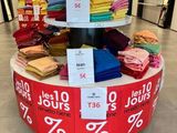 un grand présentoir de vêtements dans un magasin, avec des étiquettes de prix