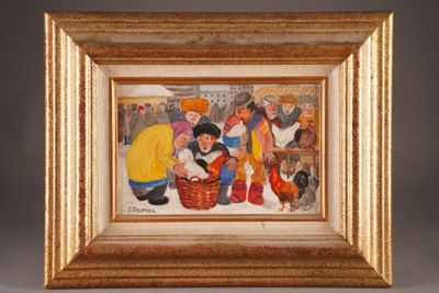 an oil painting of a group of children playing with a dog