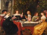 tableau représentant un groupe de personnes assises autour d'une table dans un jardin